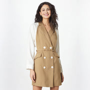 Striped contrasting splicing suit style dress women's doubles breasted waist cinched skirt