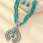 Retro Round Turquoise Flower Pendant Necklace Set – Vintage Style Jewelry