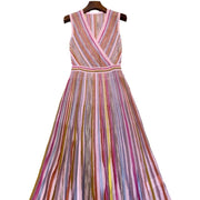 Temperament Knitted Colorful Striped Pleated Skirt Mid length Skirt Striped Sleeveless Waist Dress