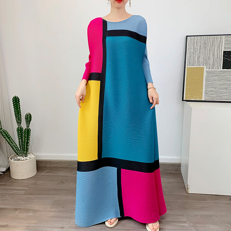 Geometric color blocking A-line skirt mid length dress