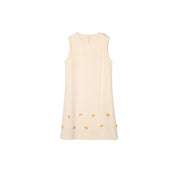 Summer French style small fragrance A-line skirt floral heavy industry nail bead round neck ribbon dress sleeveless