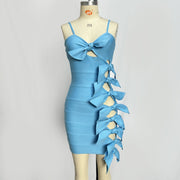 Blue suspender slimming hollow bow tight mini dress