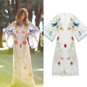 Bohemian flower embroidery hollowed out tassel decoration retro style goddess long dress