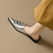 Cowhide pointed sandals with hollow hollow toe sandals for women with low heels
