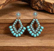 Retro Triangular Rhombus Statement Earrings, Turquoise Silver Pin Design, Vintage Geometric Fashion Jewelry