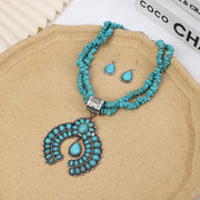 Retro Round Turquoise Flower Pendant Necklace Set – Vintage Style Jewelry