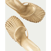 Summer metal leather hollowed out thin heel slippers with round toe and thin straps, and a high heel toe wrap