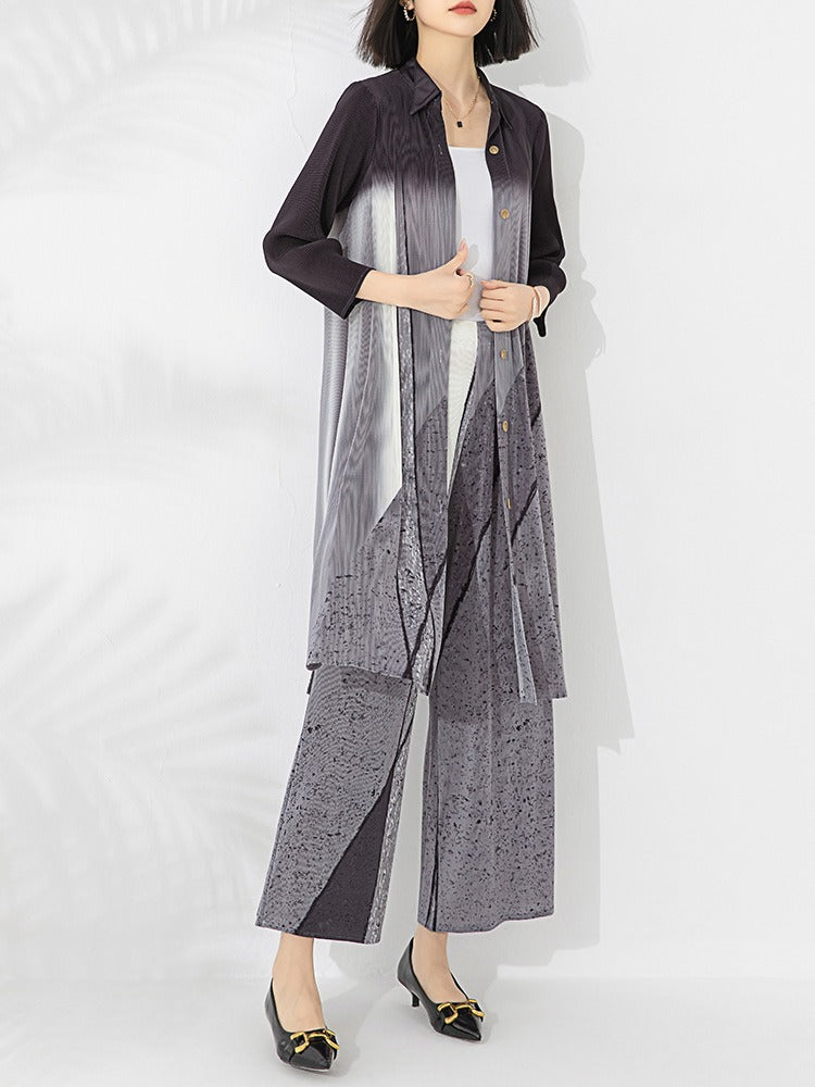 High end fashion temperament mid length top wide leg pants two-piece set