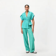 Elegant commuting V-neck tie up waist slimming top+high waisted wide leg pants fashion two-piece set