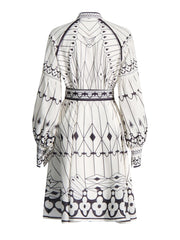 Standing collar printed lantern sleeve waist cinching dress for women