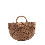 Medium straw woven semi-circular handbag, moon bag, leisure vacation double circular handle woven tote bag