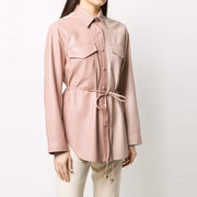 Artificial leather color blocked shirt for women's casual loose waistband long sleeved shirt