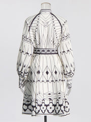 Standing collar printed lantern sleeve waist cinching dress for women