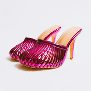 Summer metal leather hollowed out thin heel slippers with round toe and thin straps, and a high heel toe wrap