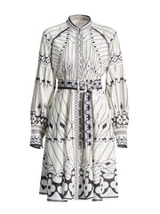 Standing collar printed lantern sleeve waist cinching dress for women