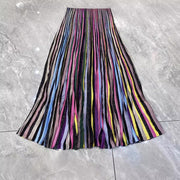 Temperament Knitted Colorful Striped Pleated Skirt Mid length Skirt Striped Sleeveless Waist Dress
