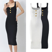 Knitted dress with U-neck strap and gold buckle design, exuding a sense of temperament and covering buttocks, sexy dress