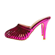 Summer metal leather hollowed out thin heel slippers with round toe and thin straps, and a high heel toe wrap