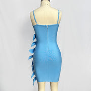 Blue suspender slimming hollow bow tight mini dress