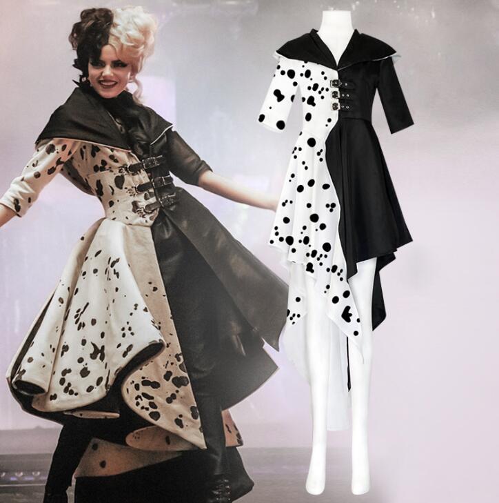 Halloween Cruella Costume Cosplay Evil Queen Black White Coat Evening Party Dress Fashion Emma Magic Performance Oufit