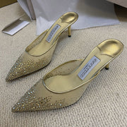 Mesh Wrapped Thin Heel Half Slippers
