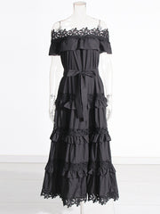 A solid color dress for women with a ruffled edge, one shoulder, waist, and lace hem