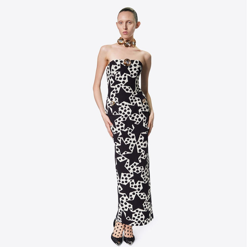 Off the shoulder split five pointed star print slim fitting temperament, socialite sexy dress dress dress