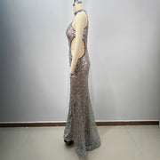 Colorful Diamond Decorated Fitted Round Neck Halter Bodycon Party Dress