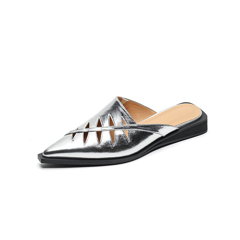 Cowhide pointed sandals with hollow hollow toe sandals for women with low heels