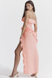 Fashionable one shoulder slimming backless tight pleated edge slim fit slit long dress for women