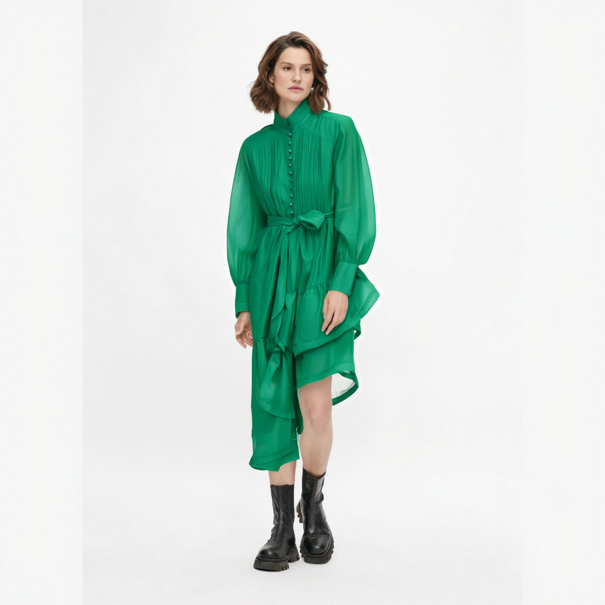 Evening stand up collar single breasted pleated dress mid length