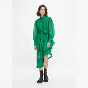 Evening stand up collar single breasted pleated dress mid length