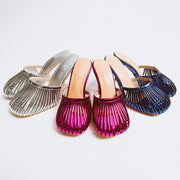 Summer metal leather hollowed out thin heel slippers with round toe and thin straps, and a high heel toe wrap