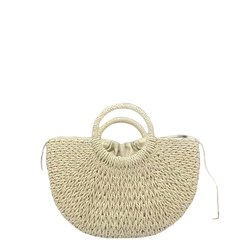 Medium straw woven semi-circular handbag, moon bag, leisure vacation double circular handle woven tote bag