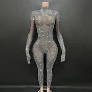 Round neck long sleeved tight jumpsuit with gloves for parties and gatherings