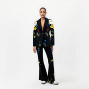 Stylish temperament digital printing one button suit flared pants set