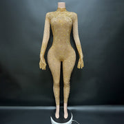 Round neck long sleeved tight jumpsuit with gloves for parties and gatherings
