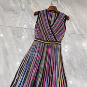 Temperament Knitted Colorful Striped Pleated Skirt Mid length Skirt Striped Sleeveless Waist Dress