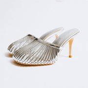 Summer metal leather hollowed out thin heel slippers with round toe and thin straps, and a high heel toe wrap