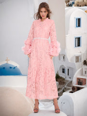 mesh waist length embroidered solid color dress for women