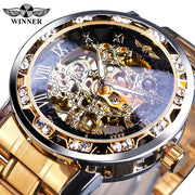 Winner New Transparent Diamond Mechanical Watch Stainless Steel Skeleton Watch Top New Luxury Business Luminous Male Clock