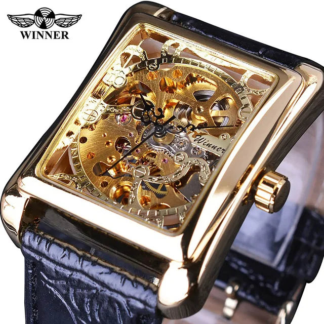 Winner Watch Retro Casual Series Rectangle Dial Design Golden Pattern Hollow Skeleton Men Top New Luxury Mechanical Watch