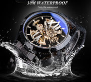Winner Watch Men Blue Light Glass Skeleton Dial Automatic Watch Black Luminous Waterproof Stainless Steel Mechanical Watch