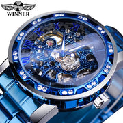 Winner New Transparent Diamond Mechanical Watch Stainless Steel Skeleton Watch Top New Luxury Business Luminous Male Clock