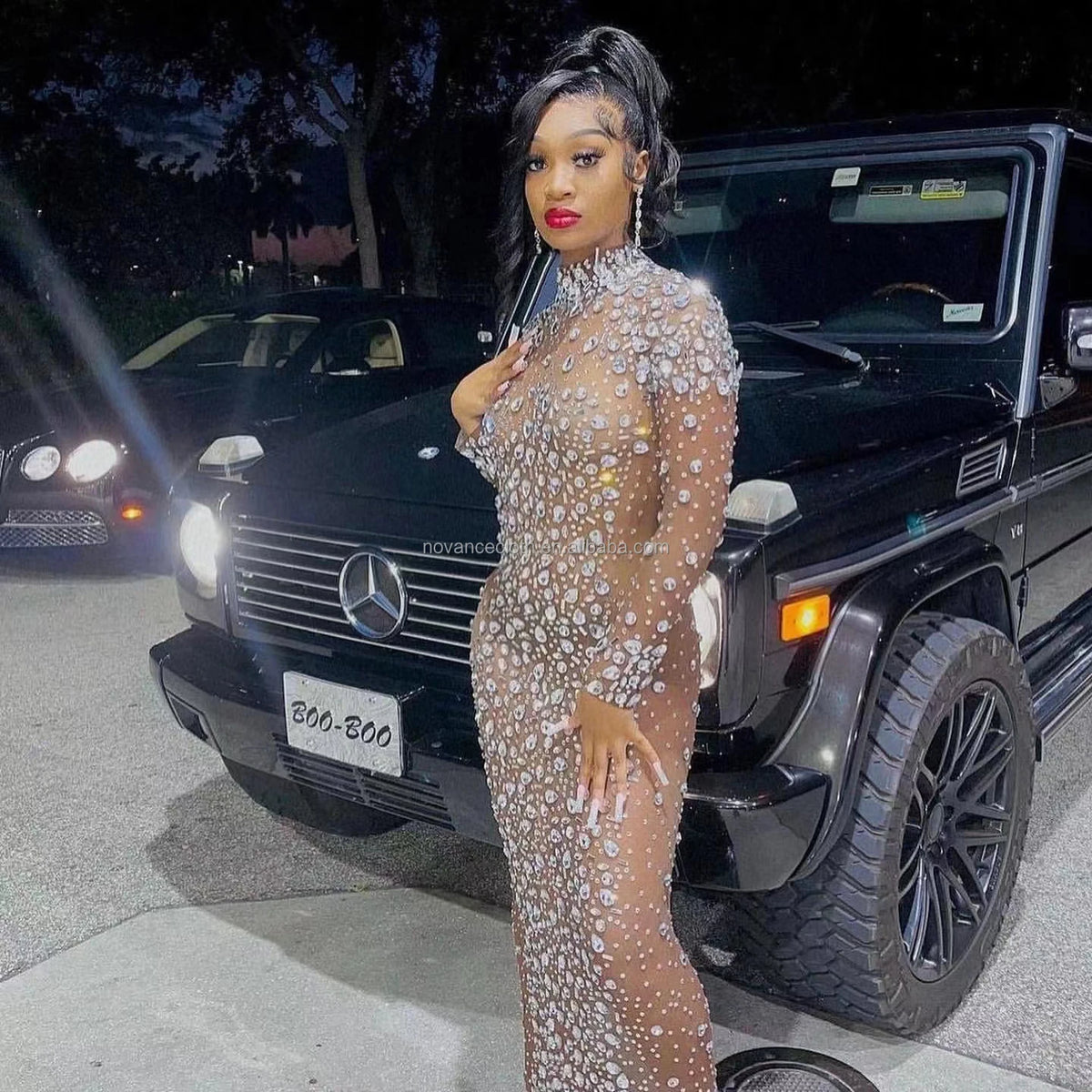 NOVANCE Y2222-C 2022 Hot Selling Sparkly Elegant Mesh Crystal Gown Soarkl Long Dress See Through Wedding Birthday Gown for Adult