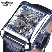 Winner Watch Retro Casual Series Rectangle Dial Design Golden Pattern Hollow Skeleton Men Top New Luxury Mechanical Watch