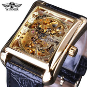 Winner Watch Retro Casual Series Rectangle Dial Design Golden Pattern Hollow Skeleton Men Top New Luxury Mechanical Watch