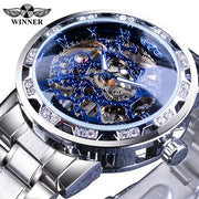 Winner New Transparent Diamond Mechanical Watch Stainless Steel Skeleton Watch Top New Luxury Business Luminous Male Clock