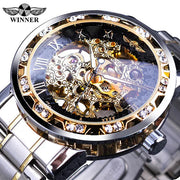 Winner New Transparent Diamond Mechanical Watch Stainless Steel Skeleton Watch Top New Luxury Business Luminous Male Clock