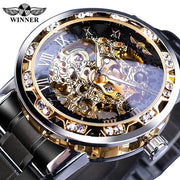 Winner New Transparent Diamond Mechanical Watch Stainless Steel Skeleton Watch Top New Luxury Business Luminous Male Clock